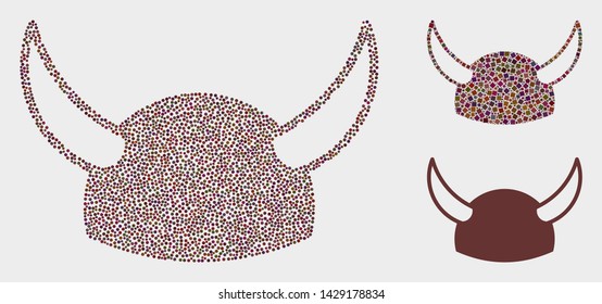 Dot and mosaic horned helmet icons. Vector icon of horned helmet combined of scattered round points. Other pictogram is combined from square particles.
