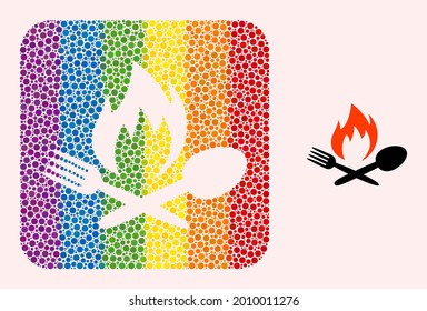Dot mosaic hot food stencil pictogram for LGBT. Rainbow colored rounded rectangle mosaic is around hot food stencil. LGBT spectrum colors. Vector hot food composition of sphere points.