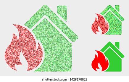 Dot and mosaic house fire damage icons. Vector icon of house fire damage composed of irregular circle points. Other pictogram is composed from rectangle elements.