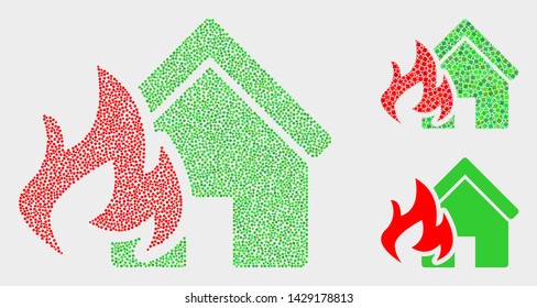 Dot and mosaic house fire disaster icons. Vector icon of house fire disaster composed of scattered spheric pixels. Other pictogram is formed from square pixels.