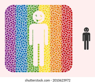 Dot mosaic idiot person carved icon for LGBT. Color rounded square mosaic is around idiot person carved shape. LGBT spectrum colors. Vector idiot person combination of round items.