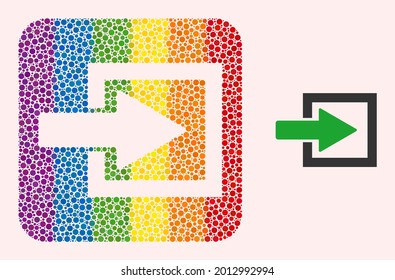 Dot mosaic import arrow stencil pictogram for LGBT. Multicolored rounded square mosaic is around import arrow stencil. LGBT rainbow colors. Vector import arrow composition of round items.