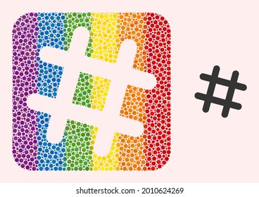 Icono de galería de símbolos de cuadrícula de mosaico de puntos para LGBT. El mosaico cuadrado redondeado de color arcoiris está alrededor de un agujero de la rejilla de la cárcel. Colores del arcoiris LGBT. Combinación de elementos de esfera en la cuadrícula de la cárcel de vectores.