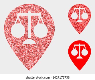 Dot and mosaic justice map marker icons. Vector icon of justice map marker created of scattered spheric elements. Other pictogram is composed from small squares.