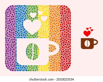 Dot mosaic love coffee cup hole pictogram for LGBT. Rainbow colored rounded square mosaic is around love coffee cup hole. LGBT rainbow colors. Vector love coffee cup combination of circle dots.