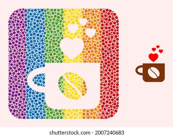 Dot mosaic lovely coffee cup carved pictogram for LGBT. Colored rounded square mosaic is around lovely coffee cup carved shape. LGBT spectrum colors.