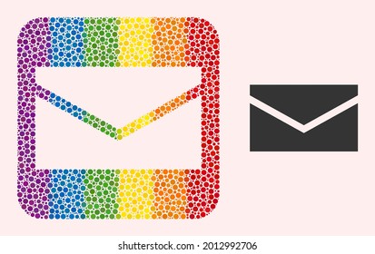 Dot mosaic mail carved icon for LGBT. Rainbow colored rounded square collage is around mail carved shape. LGBT rainbow colors. Vector mail combination of round elements.