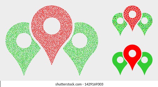 Dot and mosaic map markers icons. Vector icon of map markers designed of irregular circle elements. Other pictogram is designed from rectangle elements.