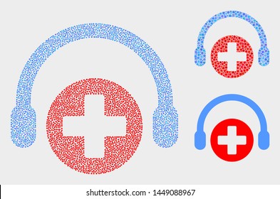 Dot and mosaic medical assistance headphones icons. Vector icon of medical assistance headphones constructed of scattered round pixels. Other pictogram is constructed from square particles.