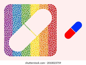 Dot mosaic medical pill subtracted pictogram for LGBT. Rainbow colored rounded rectangle mosaic is around medical pill subtracted space. LGBT spectrum colors.