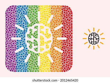 Dot mosaic mind light stencil icon for LGBT. Rainbow colored rounded square mosaic is around mind light cut out shape. LGBT rainbow colors. Vector mind light composition of circle items.