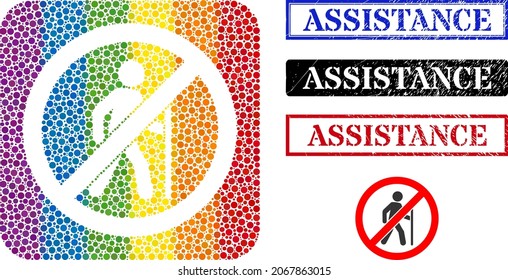 Dot mosaic no hiking hole icon for LGBT, and grunge ASSISTANCE seals. Rectangle seals have ASSISTANCE title inside frames. Colored rounded rectangle mosaic is around no hiking subtracted space.