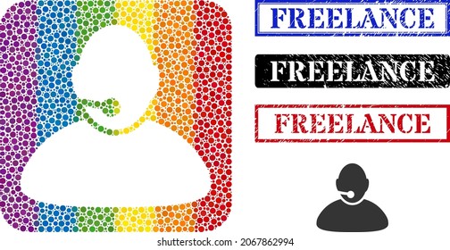 Dot mosaic operator subtracted pictogram for LGBT, and grunge FREELANCE stamps. Rectangle stamps contain FREELANCE title inside frames. Color rounded rectangle mosaic is around operator cut out shape.
