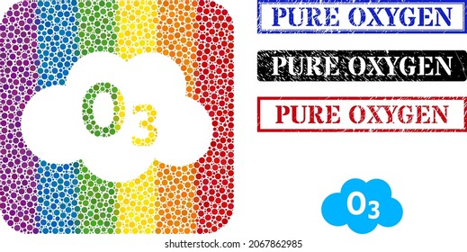 Dot mosaic ozone cloud stencil icon for LGBT, and grunge PURE OXYGEN seals. Rectangle seals have PURE OXYGEN title inside frames. Colorful rounded rectangle mosaic is around ozone cloud stencil.