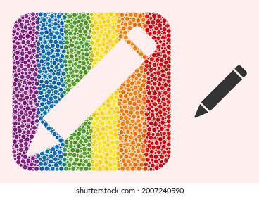 Dot mosaic pencil subtracted pictogram for LGBT. Multicolored rounded square mosaic is around pencil subtracted shape. LGBT rainbow colors. Vector pencil combination of round points.