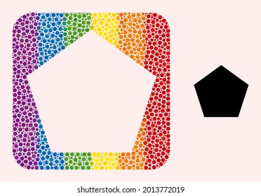 Dot mosaic pentagon subtracted pictogram for LGBT. Color rounded square mosaic is around pentagon subtracted shape. LGBT rainbow colors. Vector pentagon combination of circle elements.