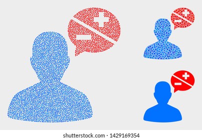 Dot and mosaic person arguments icons. Vector icon of person arguments created with random round dots. Other pictogram is created from square dots.