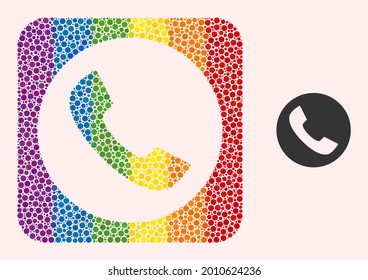 Dot mosaic phone stencil pictogram for LGBT. Rainbow colored rounded rectangle mosaic is around phone stencil. LGBT rainbow colors. Vector phone composition of spheric spots.