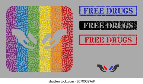 Dot mosaic pill choice hands subtracted pictogram for LGBT, and grunge FREE DRUGS seals. Rectangle stamps include FREE DRUGS tag inside frames.