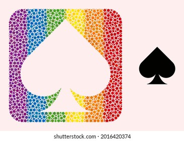 Dot mosaic playing card spade suit subtracted icon for LGBT. Colored rounded square mosaic is around playing card spade suit subtracted shape. LGBT rainbow colors.