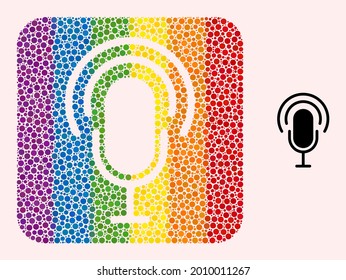 Dot mosaic podcast hole icon for LGBT. Rainbow colored rounded square mosaic is around podcast subtracted shape. LGBT rainbow colors. Vector podcast combination of circle spots.