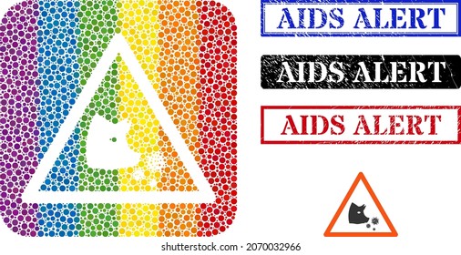 Dot mosaic pork flu warning subtracted icon for LGBT, and grunge AIDS ALERT seal stamps. Rectangle stamps include AIDS ALERT caption inside frames.