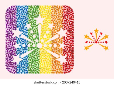 Dot mosaic pyrotechnic salute subtracted icon for LGBT. Colored rounded rectangle collage is around pyrotechnic salute subtracted space. LGBT rainbow colors.