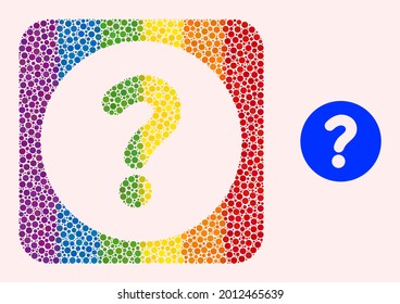 Dot mosaic query stencil pictogram for LGBT. Colorful rounded square mosaic is around query stencil. LGBT spectrum colors. Vector query combination of circle items.