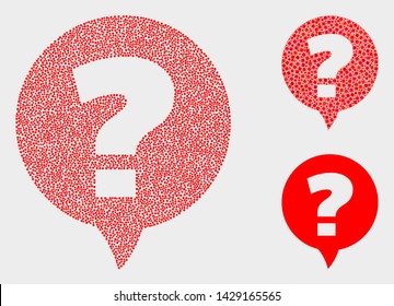 Dot and mosaic question icons. Vector icon of question formed of irregular spheric elements. Other pictogram is combined from rectangle elements.