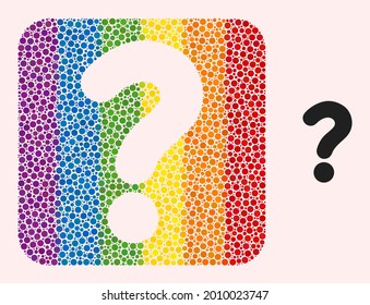 Dot mosaic question mark stencil pictogram for LGBT. Color rounded rectangle mosaic is around question mark stencil. LGBT rainbow colors. Vector question mark composition of round points.