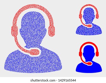 Dot and mosaic radio operator icons. Vector icon of radio operator composed of irregular spheric elements. Other pictogram is formed from rectangle elements.