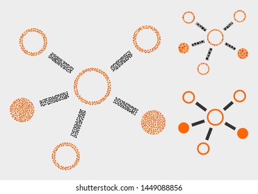 Dot and mosaic relations icons. Vector icon of relations constructed of scattered round pixels. Other pictogram is formed from small rectangles.