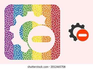 Dot mosaic remove settings gear stencil icon for LGBT. Rainbow colored rounded rectangle mosaic is around remove settings gear stencil. LGBT rainbow colors.