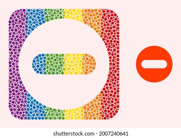 Dot mosaic remove stencil icon for LGBT. Rainbow colored rounded square mosaic is around remove subtracted space. LGBT rainbow colors. Vector remove combination of sphere spots.