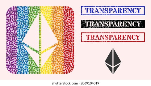 Dot mosaic rhombus crystal stencil pictogram for LGBT, and grunge TRANSPARENCY stamps. Rectangle seals contain TRANSPARENCY tag inside frames.