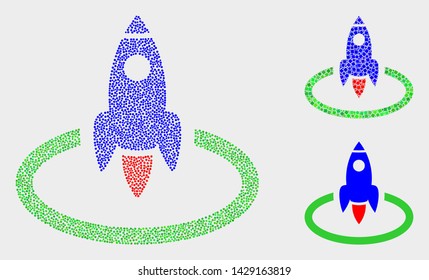 Dot and mosaic rocket start icons. Vector icon of rocket start created of random spheric dots. Other pictogram is organized from dots.