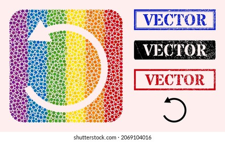 Dot mosaic rotate left arrow carved pictogram for LGBT, and grunge VECTOR seal stamps. Rectangle seals contain VECTOR tag inside frames.