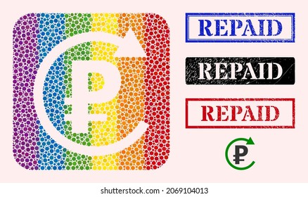 Pictograma restado de devolución de rublos de mosaico de puntos para LGBT, y sellos REPAGADOS de grunge. Los sellos de marca de rectángulo incluyen el título REPAID dentro de los marcos.