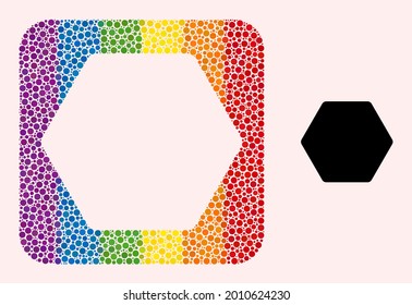 Dot mosaic rounded hexagon subtracted pictogram for LGBT. Colorful rounded rectangle mosaic is around rounded hexagon carved shape. LGBT spectrum colors.