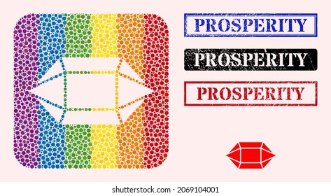 Dot mosaic ruby crystal hole icon for LGBT, and grunge PROSPERITY seals. Rectangle seals include PROSPERITY caption inside frames. Multicolored rounded rectangle mosaic is around ruby crystal hole.