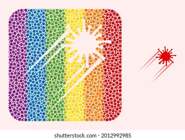 Dot mosaic rush Covid virus subtracted icon for LGBT. Colorful rounded rectangle mosaic is around rush Covid virus cut out shape. LGBT spectrum colors.