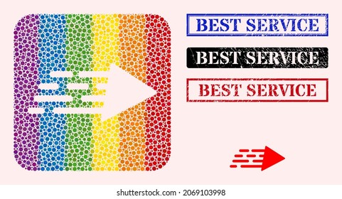 Dot mosaic rush movement subtracted icon for LGBT, and grunge BEST SERVICE seals. Rectangle seals include BEST SERVICE caption inside frames.