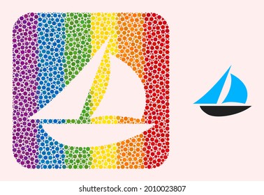 Dot Mosaic Segelboot-Loch Ikone für LGBT. Das farbige, abgerundete Rechteck-Mosaik ist um das Segelloch herum. LGBT-Spektralfarben. Vektorschiff-Zusammensetzung aus sphärischen Elementen.