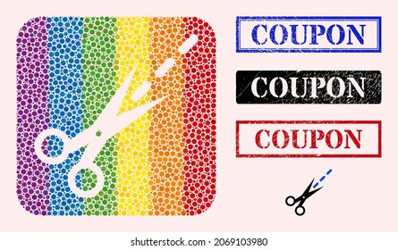 Dot mosaic scissors line subtracted pictogram for LGBT, and grunge COUPON seal stamps. Rectangle stamps have COUPON text inside frames.