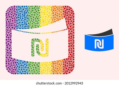 Dot mosaic shekel banknote zog Piktogramm für LGBT ab. Rainbow-farbenes Rundquadratisches Mosaik ist um die schekelförmige Banknote subtrahiert Form. LGBT-Regenbogenfarben.