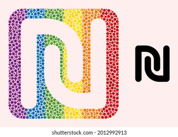 Dot mosaic shekel currency hole pictogram for LGBT. Color rounded rectangle mosaic is around shekel currency subtracted space. LGBT rainbow colors.