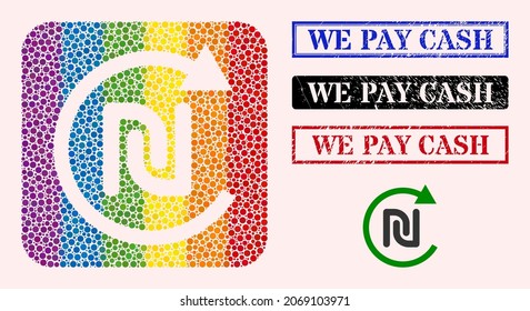 Dot mosaic shekel Locher Ikone für LGBT, und Grunge WIR ZAHLEN CASH-Robbenmarken. Bei Rechteck-Briefmarken zahlen WIR CASH-Bildunterschrift in Rahmen.
