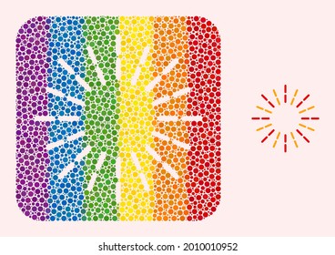 Dot mosaic shine rays subtracted pictogram for LGBT. Rainbow colored rounded square mosaic is around shine rays subtracted space. LGBT rainbow colors. Vector shine rays combination of sphere points.