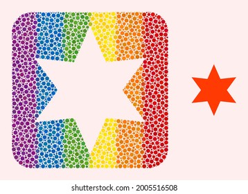 Dot mosaic six pointed star subtracted pictogram for LGBT. Colorful rounded square mosaic is around six pointed star subtracted shape. LGBT spectrum colors.