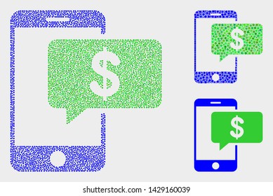 Dot and mosaic smartphone bank message icons. Vector icon of smartphone bank message designed of scattered spheric dots. Other pictogram is designed from rectangle elements.